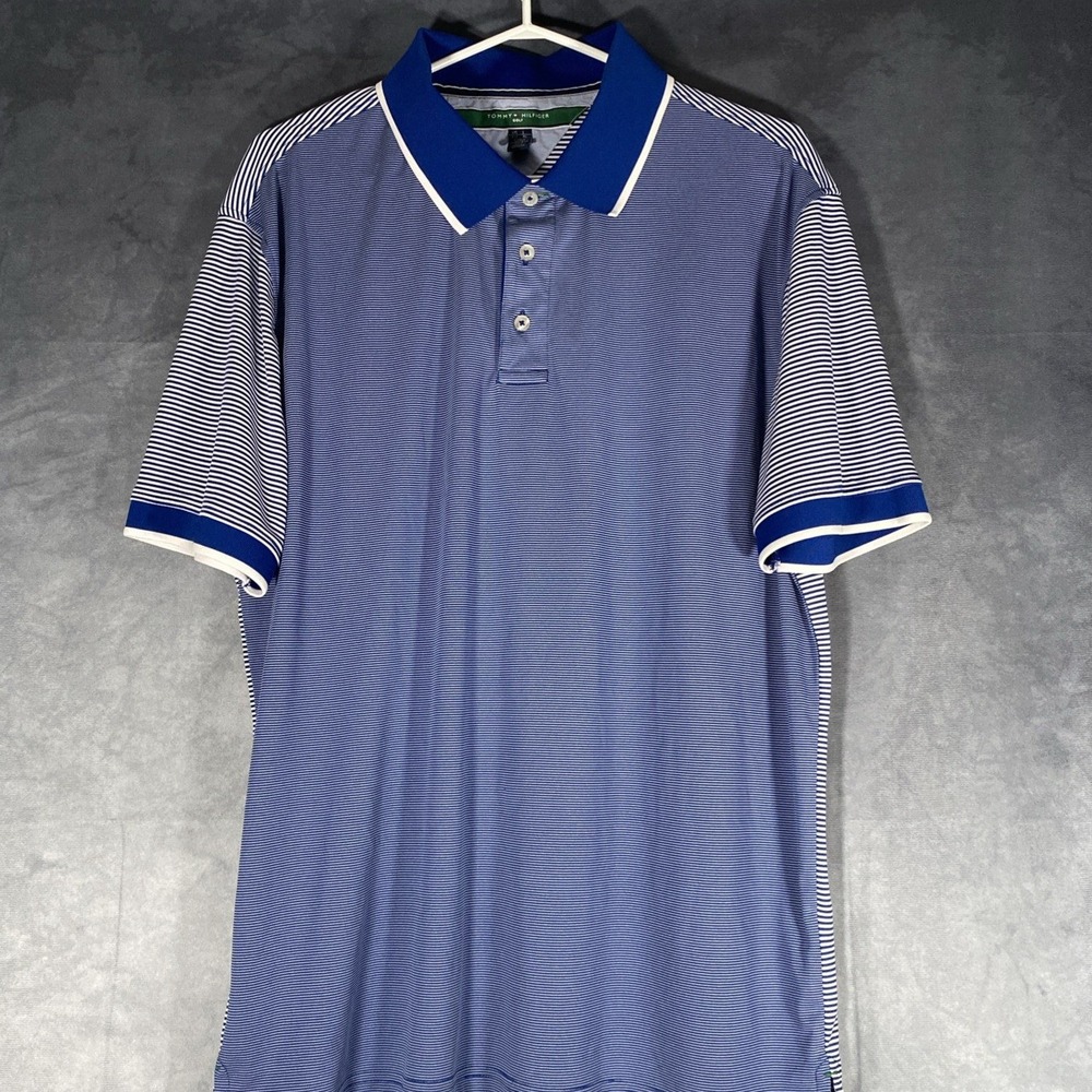 Tommy Hilfiger Golf Shirt Mens Large Blue‎ White Striped Performance Polo L